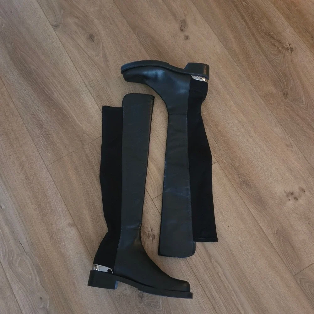 Stuart Weitzman 5050 Bold‎ Logo Over Knee Boots Leather Block Heel Black Womens